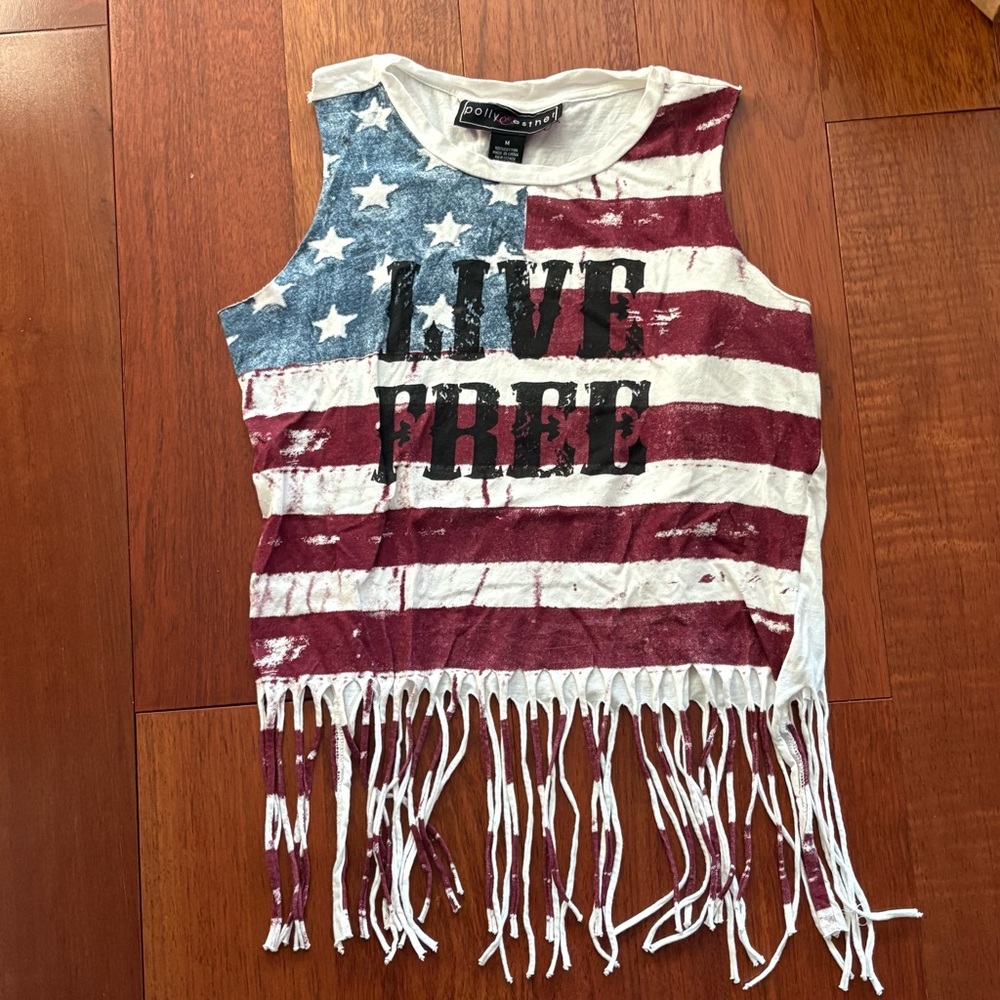 Patriotic live free tank top fringe flag Americana western cowgirl